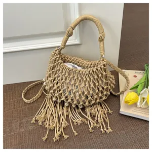 Beige geweven macramé handtas voor vrouwen zomer holle strand schoudertas met franjes