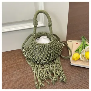 Groene geweven holle franje handtas voor dames, stijlvolle zomer strand schoudertas.