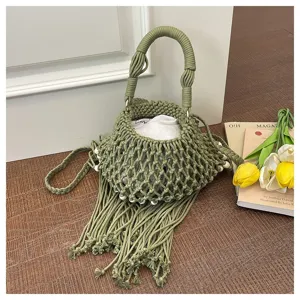 Zomerse gehaakte geweven handtas voor dames, chique groene macrame franje schoudertas.