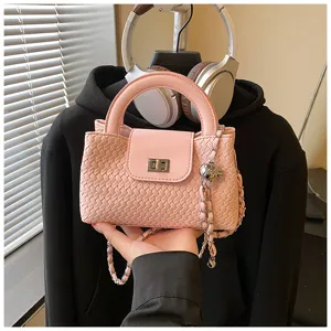 Pink Woven Chain Handbag Women Chic Top Handle Crossbody Bag Fashion Casual Square Purse