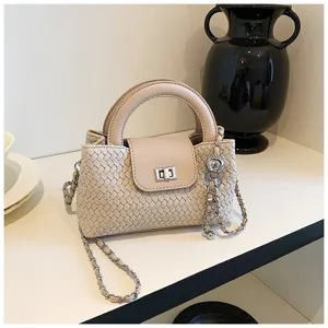 Woven chain crossbody bag for women, elegant beige top handle small square purse for summer.