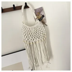 Handgemaakte geweven macrame damestas, casual zomerse franje schoudertas handtas chic.