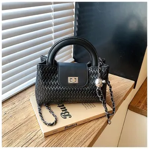 Black woven top handle bag with chain strap, stylish versatile small square bag for women.