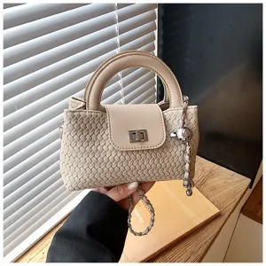 Beige Woven Top Handle Crossbody Bag Stylish Chic Handbag with Chain Accent for Women