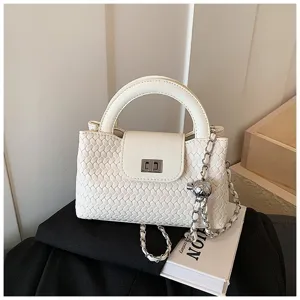 Chic white woven crossbody bag for women, stylish top handle chain handbag for summer casual wear.