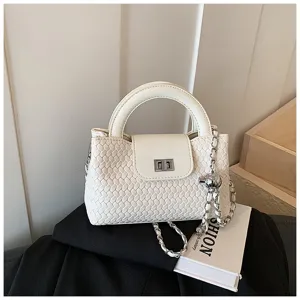 White woven chain handbag for women, stylish top handle shoulder bag for daily wear.
