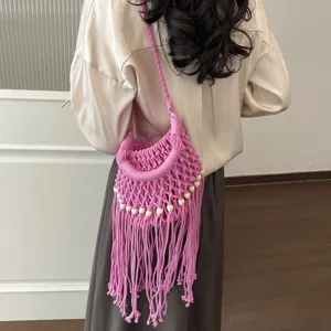 Dames Zomer Vakantie Katoenen Touw Geweven Beuteltas Opengewerkt Kwastje Handtas Casual Strand Schouder Crossbody Tas