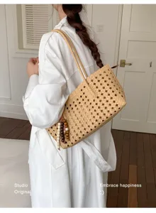 Bolso de hombro tejido informal para mujer, elegante bolso tote calado con borla de cuentas.
