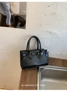 Borsa a mano alla moda da donna con fiocco, elegante borsa a tracolla in pelle verniciata nera estiva.