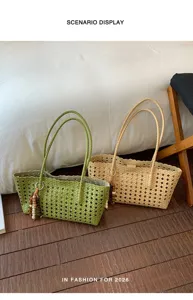 Bolso de mano tejido casual para mujer, gran capacidad, bolso de hombro calado de moda 2026.