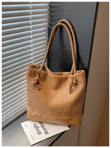 Femme marron sac epaule tisse chic sac a main cuir retro quotidien cabas mode printemps