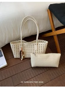 Bolso tote trenzado de gran capacidad para mujer bolso de hombro calado liso con estuche.