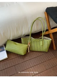 Bolso tote tejido verde para mujer, elegante bolso de hombro grande con estuche elegante.