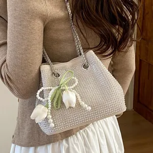 Bolso de hombro con diamantes de imitación para mujer perla lujo tulipán decorado bolso