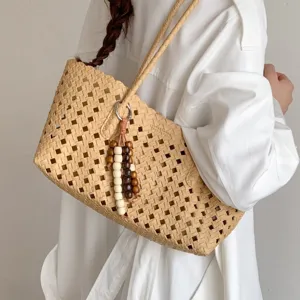 Bolso de hombro tejido hueco casual para mujer, elegante bolso grande para el trabajo.