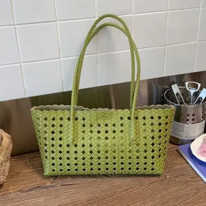 Bolso tote de cuero tejido verde para mujer, bolso de hombro informal de gran capacidad.