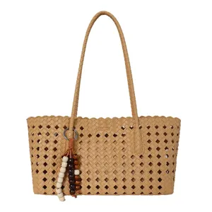 Bolso tote tejido calado para mujer bolso de hombro de gran capacidad con abalorio