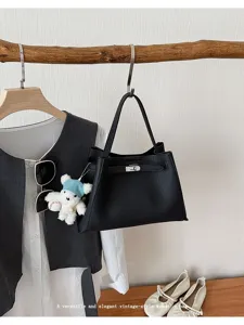 Black leather handbag vintage tote bag elegant commuter shoulder bag for women fashion
