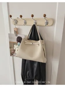 Beige leather tote bag vintage style large capacity shoulder bag elegant commuter handbag