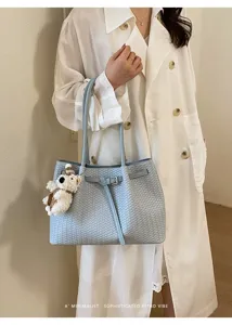 Light blue woven leather tote bag stylish commuter shoulder handbag with cute bear charm