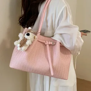 Women Woven Tote Bag PU Leather Large Capacity Shoulder Bag Minimalist Solid Color Underarm Handbag With Pendant