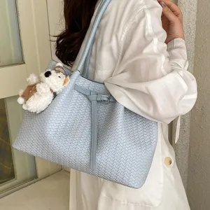 Light blue woven tote bag for women, large capacity shoulder underarm bag with cute pendant.