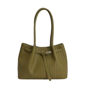 Olive green woven leather tote bag for women, elegant shoulder bag with belt design and large capacity.