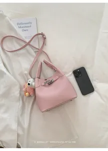 Bolso de mano tipo cubo rosa con patron lichi para mujer, elegante bolso cruzado retro con cerradura.