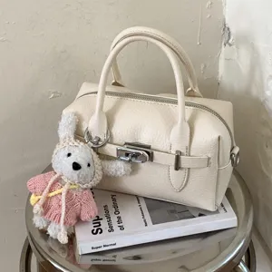 Damen Litschimuster PU Leder Bowling Kissentasche Einfarbig Schulter Umhängetasche Mit Metallschnalle Retro Stil Satchel