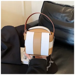 Schicke Farbblock-EimerTasche mit Tragegriff und Kette, trendige Umhängetasche für Damen.