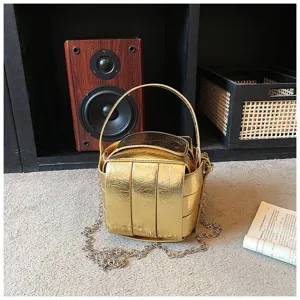 Goldene metallische kleine Umhängetasche, schicke Kette Henkeltasche Detail Ansicht.