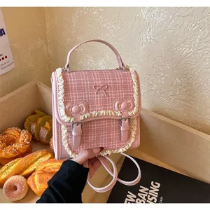 Cute pink plaid mini backpack for women, sweet bow lace design sweet daily casual school bag.