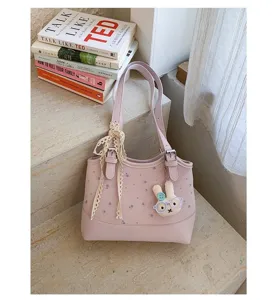 Chic purple floral tote bag with cute bunny pendant and lace ribbon for women summer daily use.