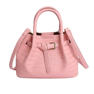 Rosa geflochtene Handtasche Damen Mode Schultertasche Umhängetasche Top Handle Shopper Beutel chic
