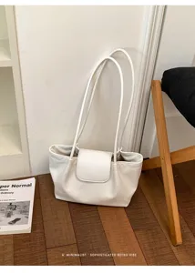 Bolso de hombro blanco minimalista para mujer, bolso de mano casual de cuero PU con asas.