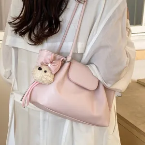 Bolso de hombro rosa de gran capacidad para mujer elegante bolso tote con bonito colgante