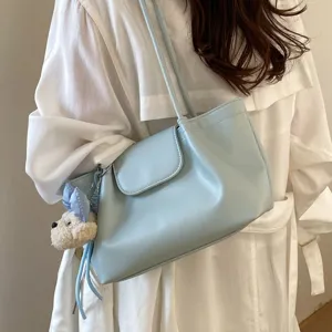 Bolso de hombro azul claro informal para mujer elegante bolso tote slouchy con colgante