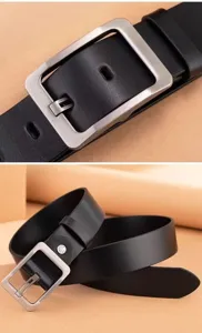 Cinturón de cuero PU negro para hombre con hebilla cuadrada de metal clásica detalle