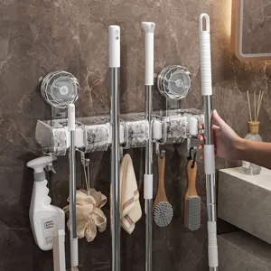 Abs Pet Punch Free Mop Holder Wall Mounted Suction Cup Broom Hanger Bathroom Storage Rack Organizer