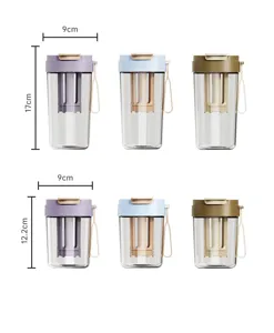 Detail view of portable water bottle with tea infuser, available in 17cm and 12.2cm sizes.