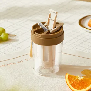 Portable plastic water bottle with straw and infuser lid for daily outdoor sports use main view
