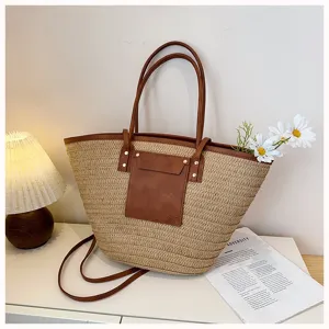 Grand sac cabas en paille pour femme sac épaule tissé sac à main décontracté poignées PU