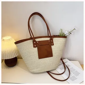 Sac cabas en paille élégant pour femmes, grand sac bandoulière tressé en cuir PU marron.