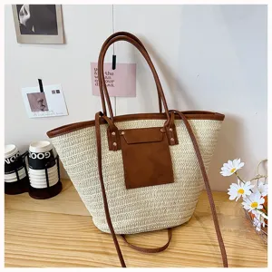 Grand sac cabas tressé en paille pour femme, sac à main élégant pour le travail avec détails PU.