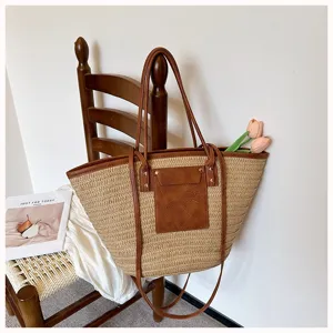 Sac cabas en paille décontracté avec bordure en cuir PU marron, idéal pour le quotidien.