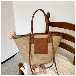 Grand sac cabas tissé en paille pour femmes fourre tout de voyage mode élégant chic