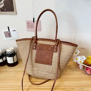 Sac Fourre-Tout en Paille Tissée Grande Capacité pour Femme Sac à Épaule Polyvalent Sac à Main en Paille et Cuir PU