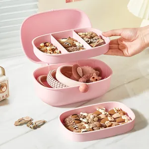 Pink multi-layer kids jewelry organizer box with cute hair clips storage trays for girls room