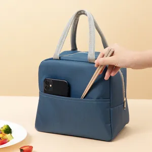 Portable insulated lunch bag with front pocket, blue bento cooler bag for daily work and picnic.