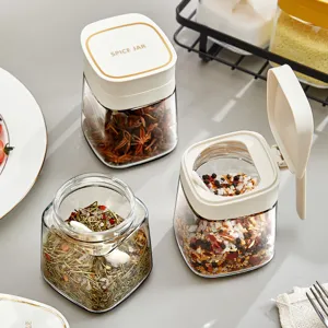 Juego de tarros de especias de vidrio recipiente condimentos con cuchara y tapa abatible cocina